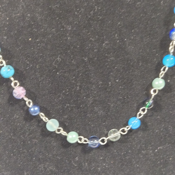 Silver Chain Necklace with Blue and Green Beads - Picture 2 of 7